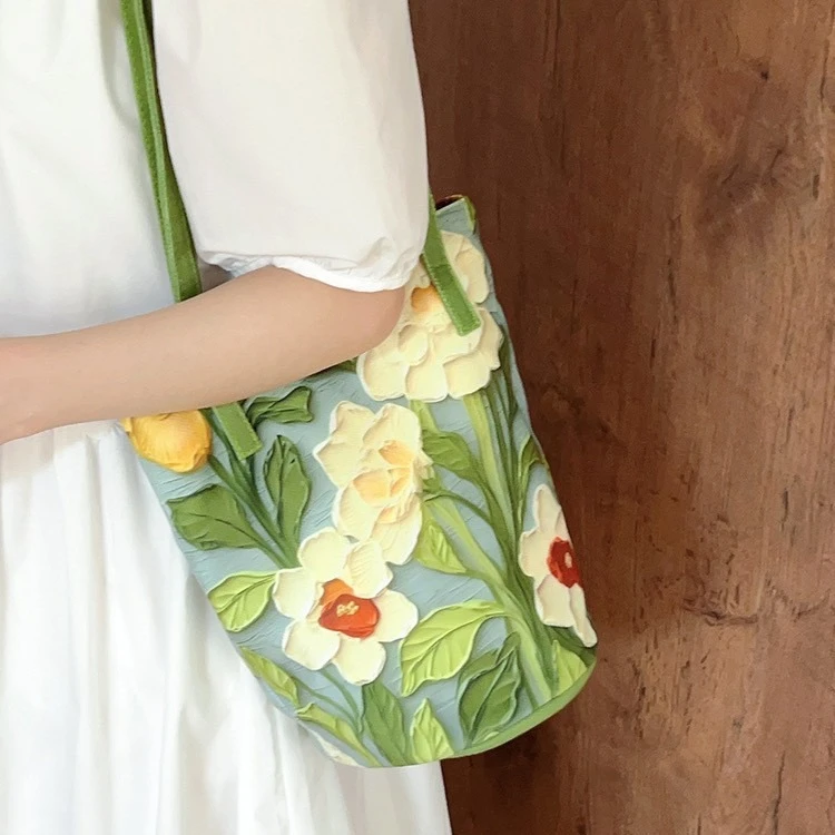 清新设计高级感单肩水桶包包女2025新款大容量印花时尚百搭单肩包