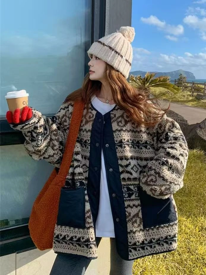 双面穿费尔岛仿羊羔毛外套女棉衣秋冬款2025新款慵懒风巨好看棉服