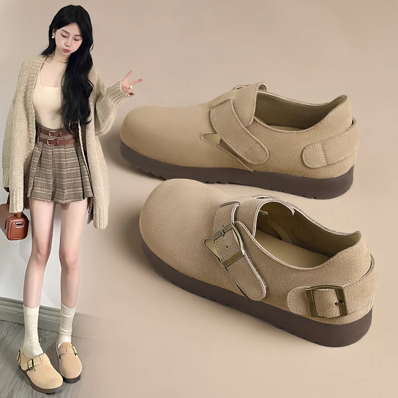 ZHR则则复古牛皮勃肯鞋女2025春季新款一脚蹬单鞋全包软底乐福鞋