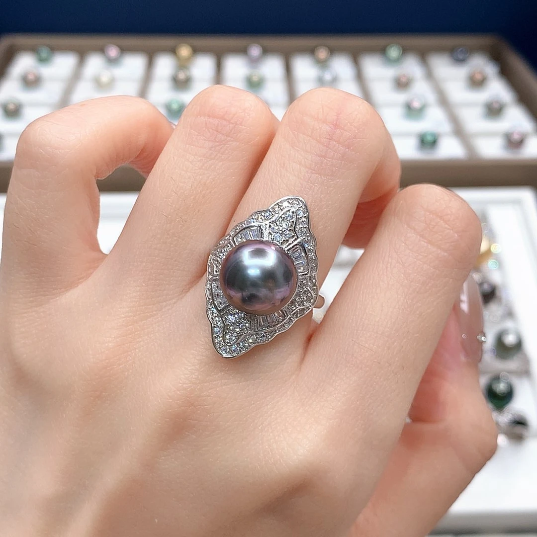 银S925镶嵌戒圈海水珍珠大溪地银粉紫戒指