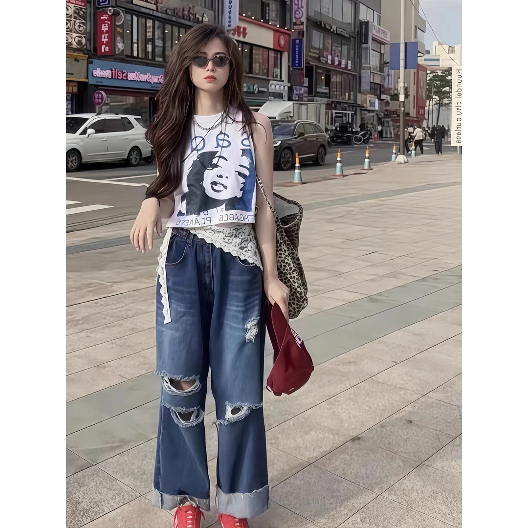 韩版ins时尚复古洋气印花短款无袖上衣女宽松甜辣妹背心2025夏季