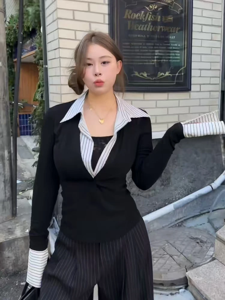 大码诺9012韩版春季新款百搭显瘦拼接假两件长袖T恤女修身打底衫