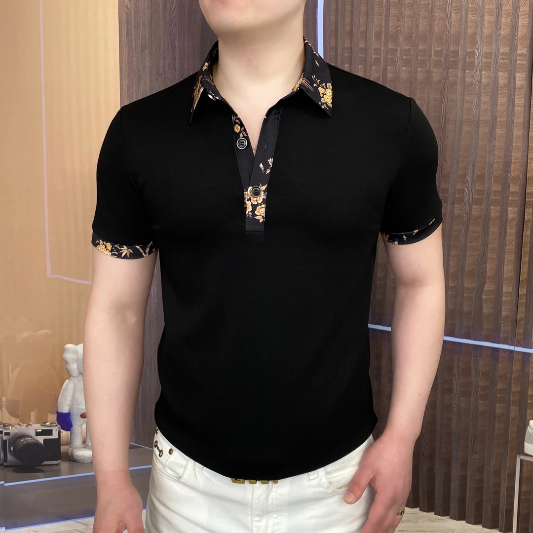 2025夏季碎花Polo男士轻奢时尚半袖潮流修身翻领商务高品质百搭