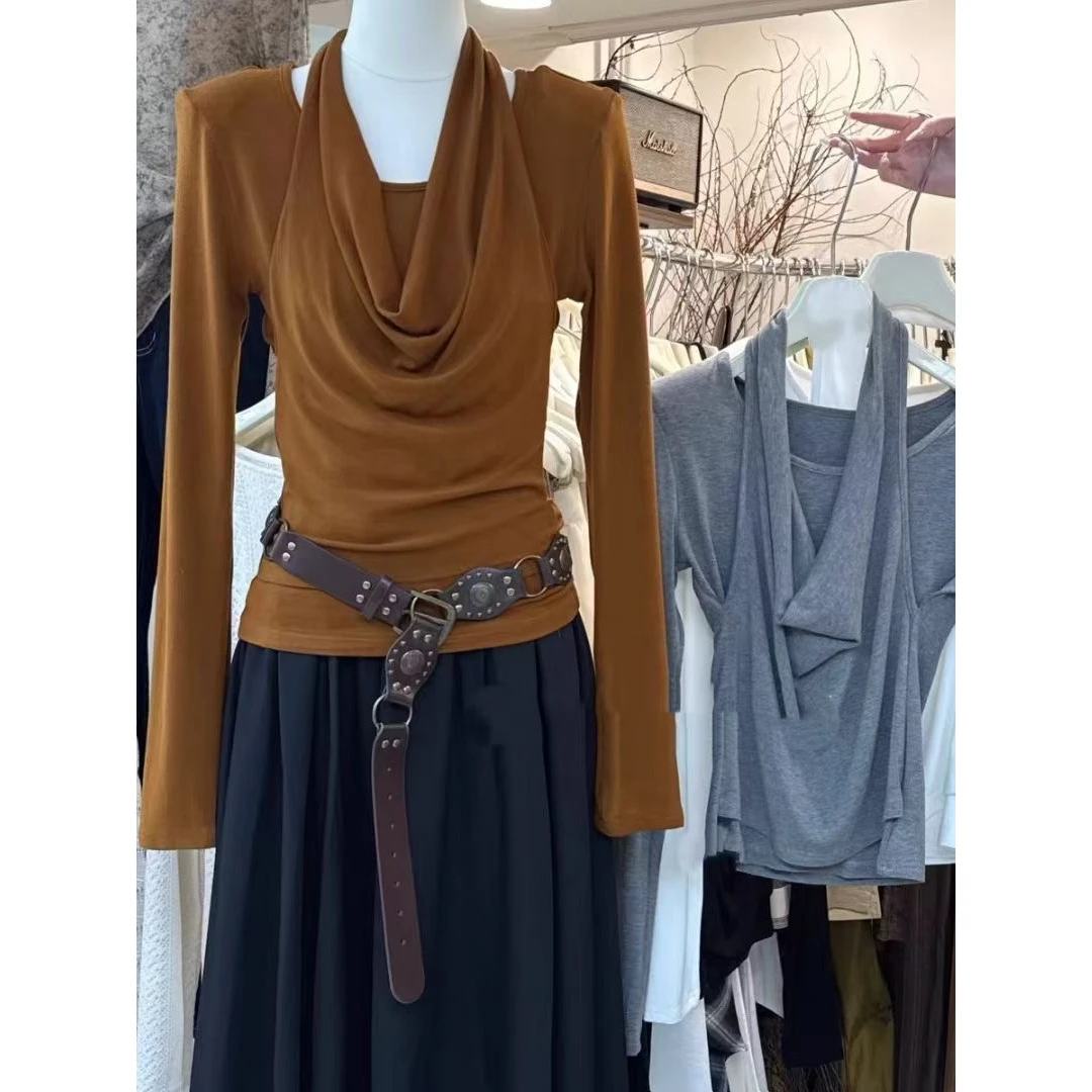 质感绝绝子！洋气假两件挂脖长袖T恤2025秋季新款韩版修身显瘦上衣