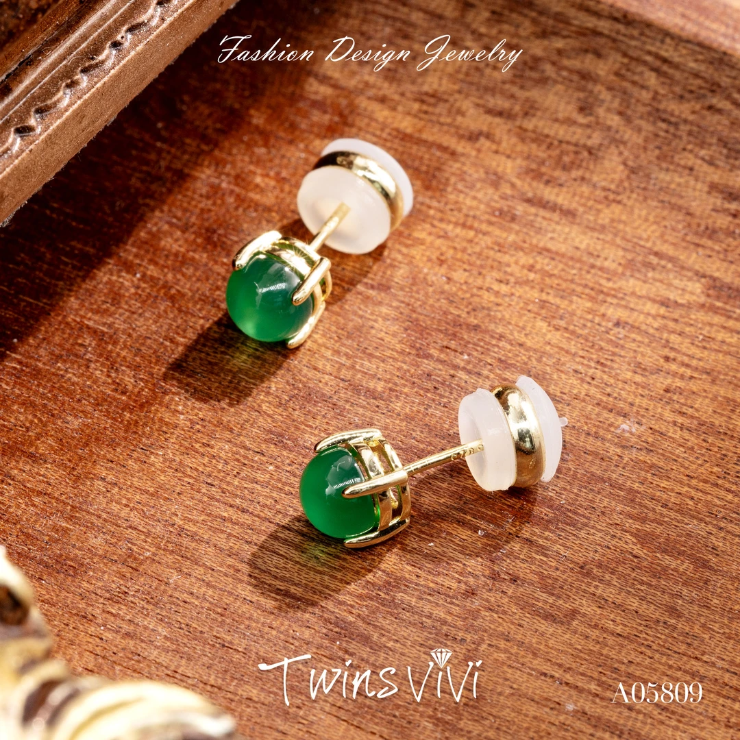 TWINS VIVI 铜合金合成锆石耳饰 镀k金 绿色小耳钉/A05809