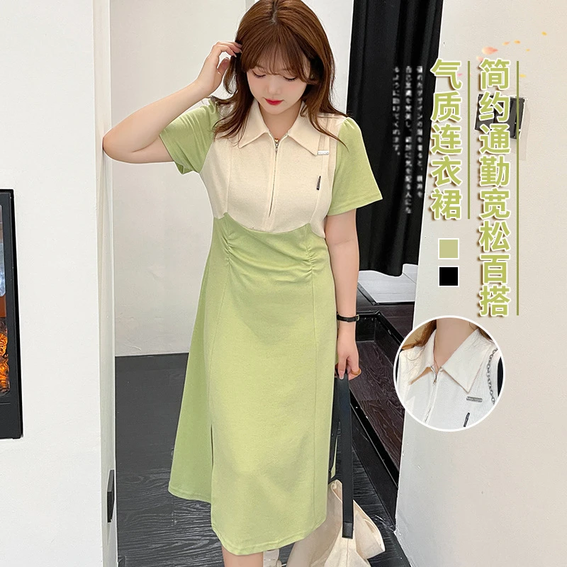 夏季新款大码女装200斤胖mm拼接设计感显瘦polo连衣裙240304