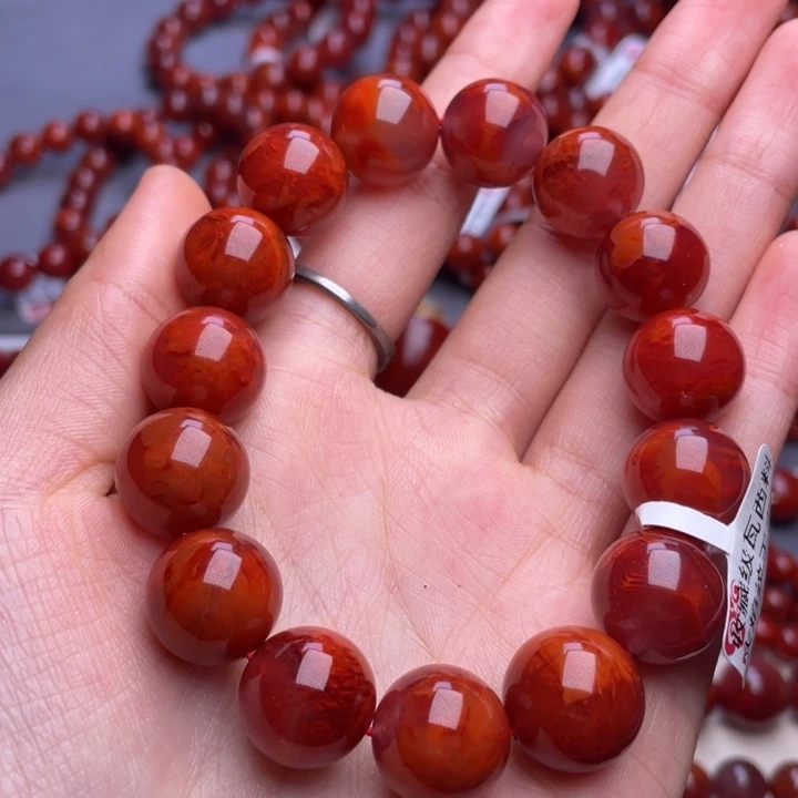 南红玛瑙未镶嵌其他14mm顶级瓦西玫红妖孽火焰纹圆珠手串