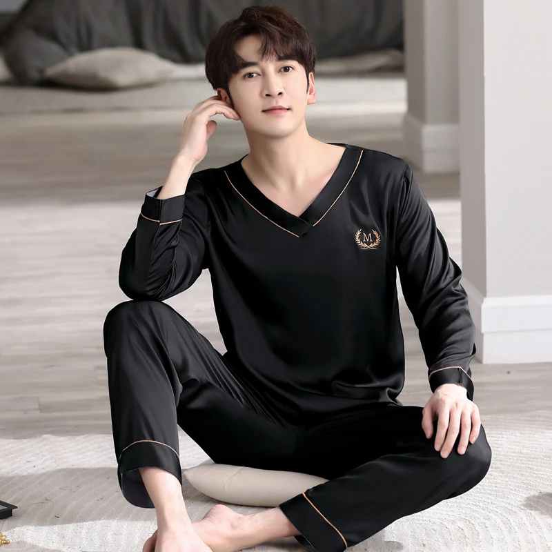 大码可外穿冰丝睡衣男士春秋季长袖长裤薄款家居服高级感夏季套装