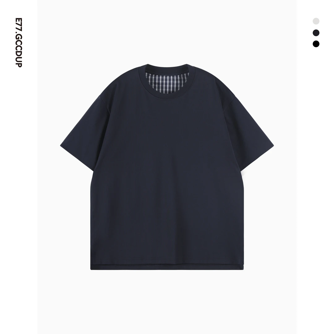 夏季新款港风格子翻边设计短袖休闲简约高级感经典圆领T恤2509