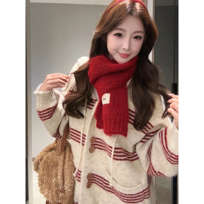 大码韩系慵懒风条纹毛衣女秋冬胖mm显瘦松弛感宽松百搭针织开衫