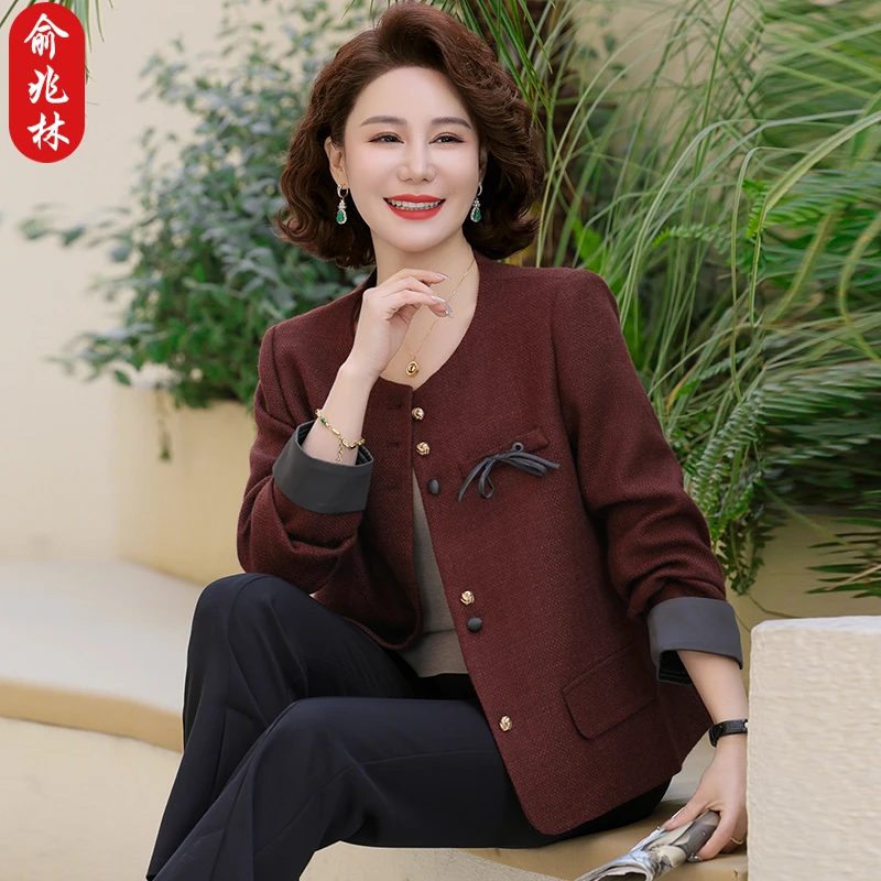 俞兆林妈妈春装洋气小香风外套短款中老年女装阔太太春秋圆领上衣