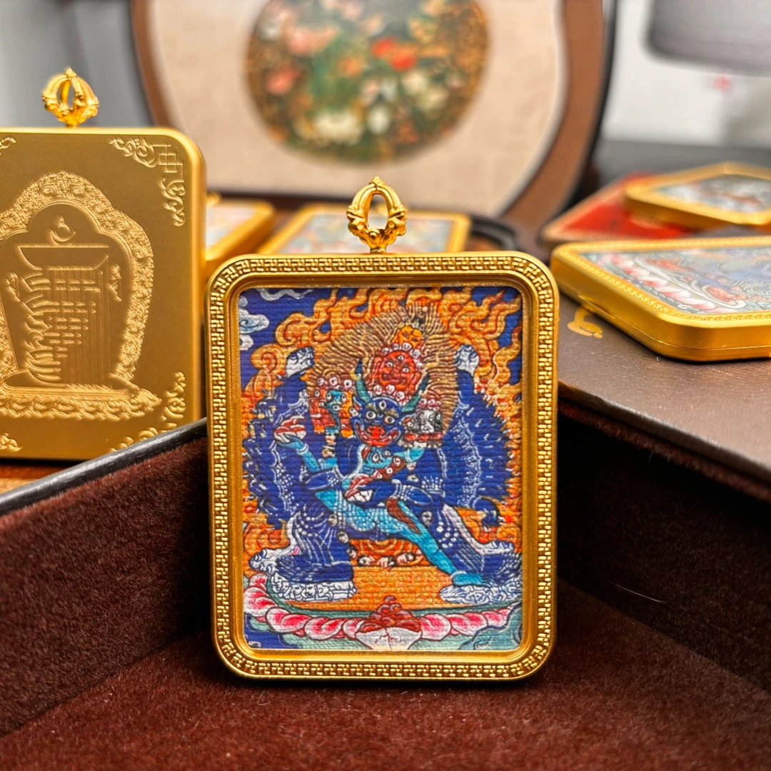 藏式祝福大威德忿怒像唐卡金色方形名族风吊坠生肖项链多种图可选