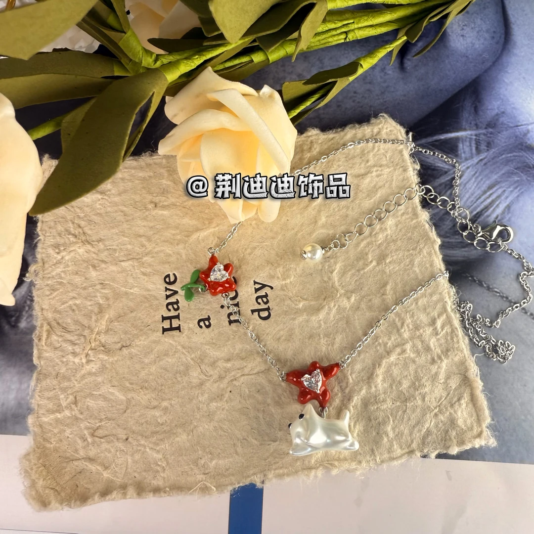 铜合金仿珍珠项链 几何小花大猫项链XL-1062