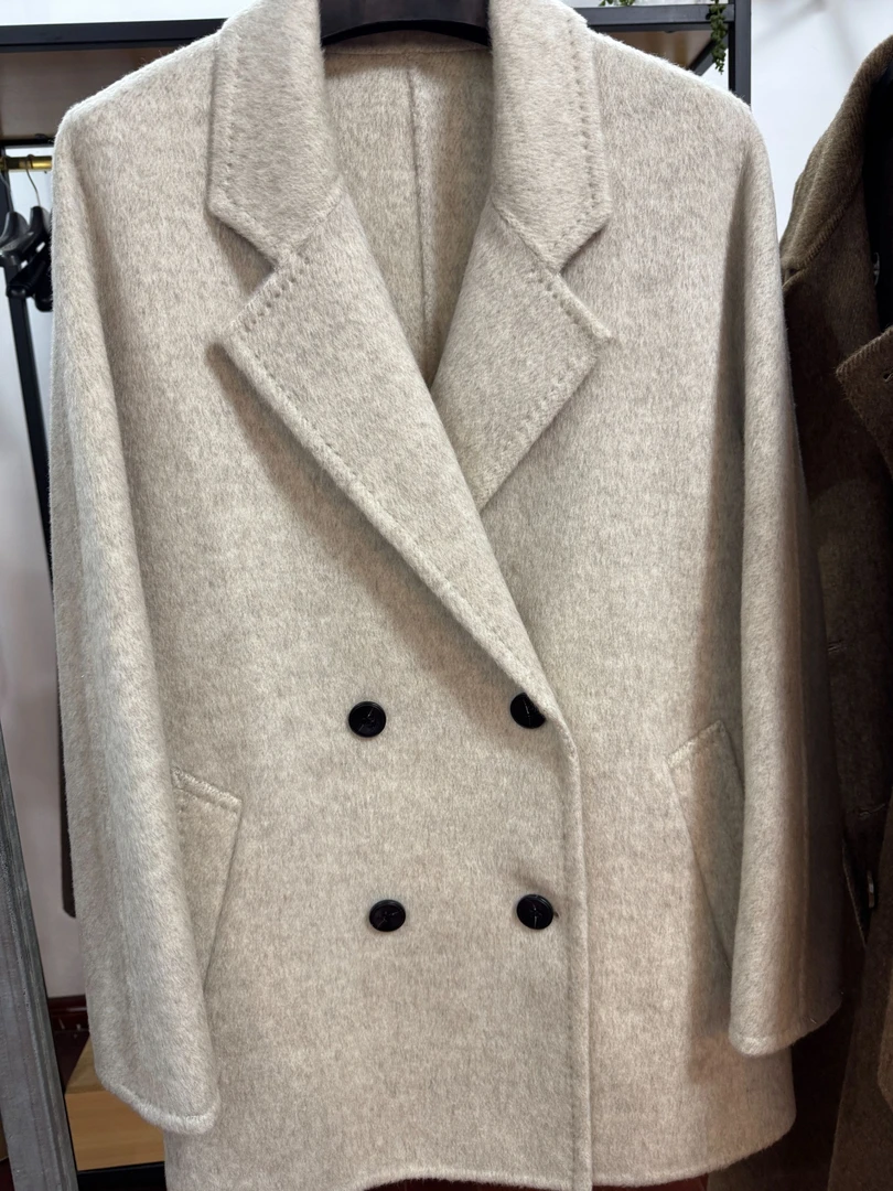 （骆驼绒+桑蚕丝）中长长款毛呢外套羊毛大衣经典女士双面大衣百搭
