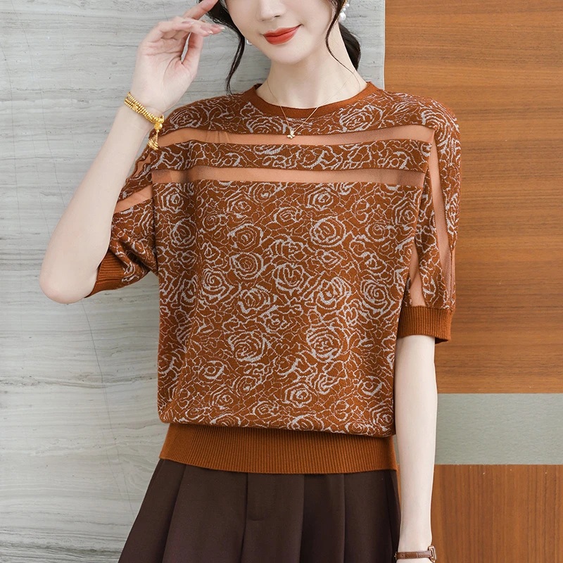 时尚高档短袖针织衫2025夏季新款时髦洋气t恤大码遮肚子小衫减龄
