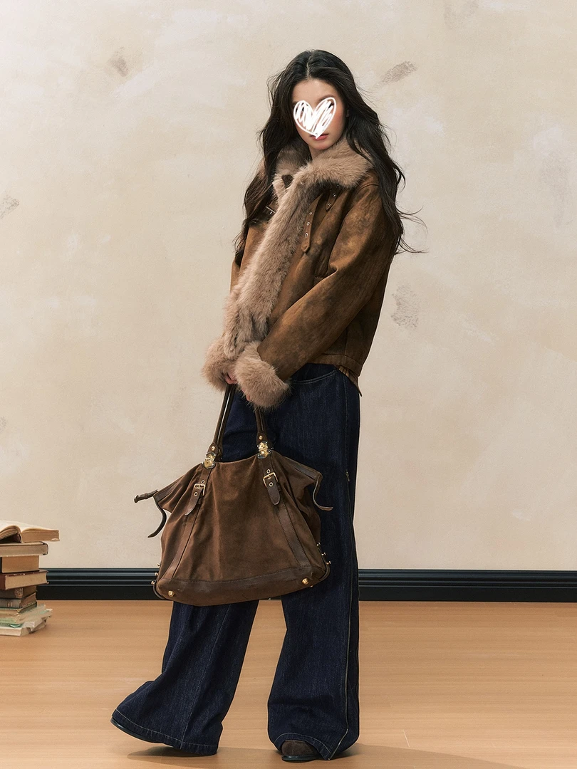 秋冬新款美拉德波希米亚复古外套美式设计感棕色修身毛毛拼接外衣