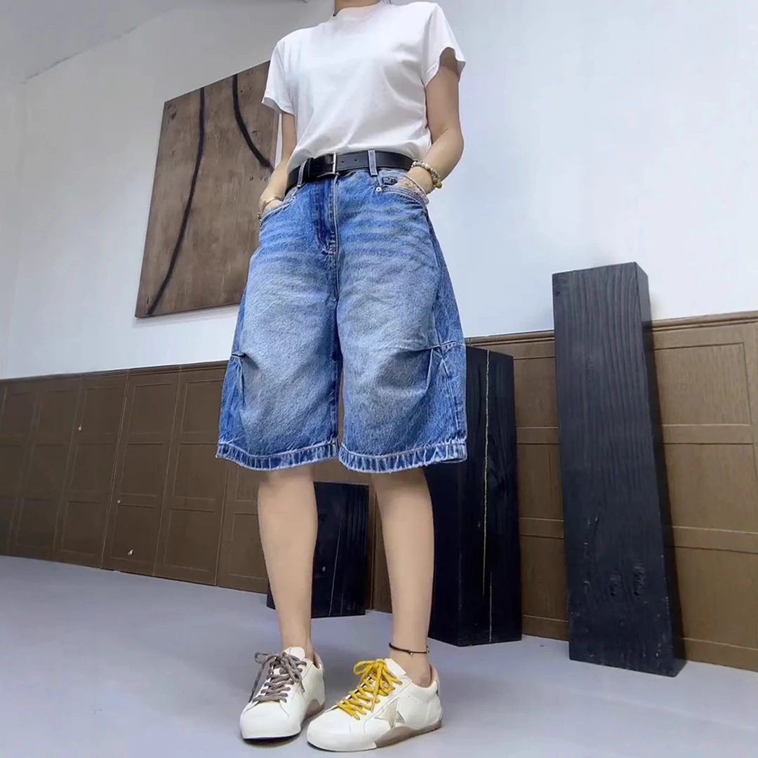 大码牛仔短裤女2025年夏季新款显瘦高腰修身时尚五分裤抽褶阔腿裤