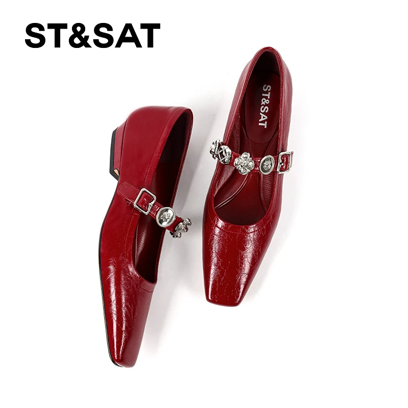 St&Sat/星期六真皮一字带金属玛丽珍百搭通勤气质休闲方头单鞋