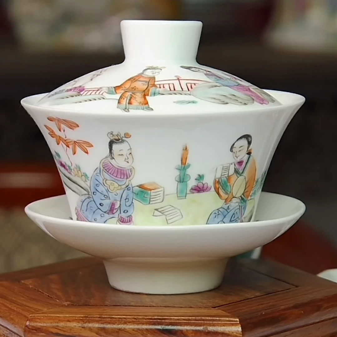 粉彩人物三才盖碗 高10.5公分 口径11公分 全品