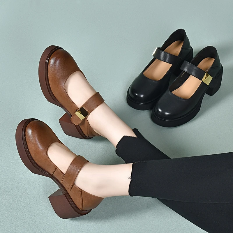 厚底增高玛丽珍鞋女鞋2025新款一字带粗中跟浅口中空单鞋女秋季