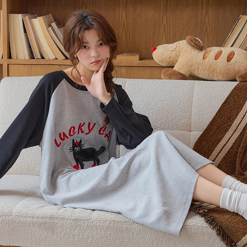 女士睡裙春秋季新款纯棉长袖长裙卡通可爱休闲家居服睡裙可外穿