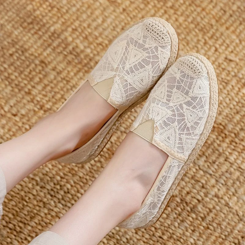 渔夫鞋2025年新款夏季一脚蹬懒人鞋透气蕾丝网鞋休闲老北京布鞋