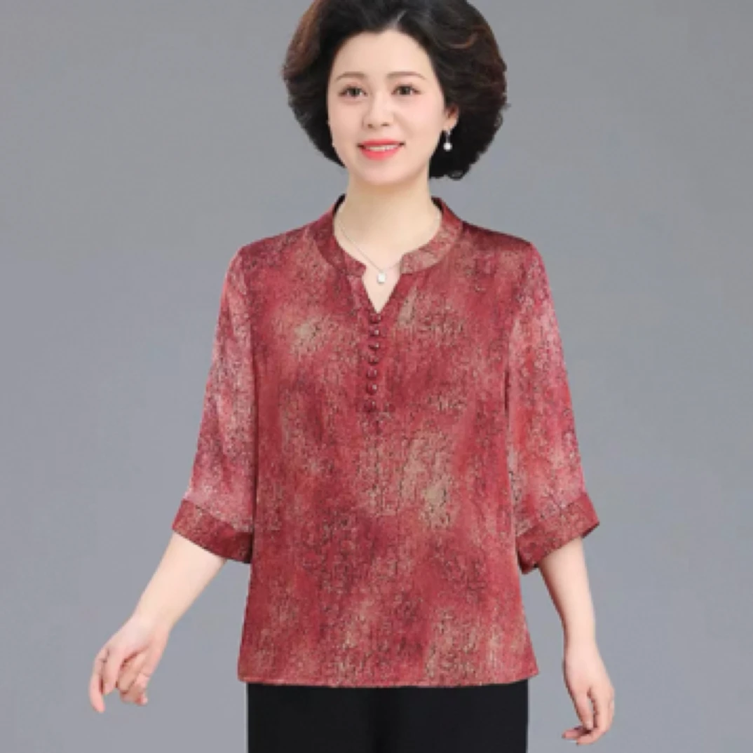 8571夏季新款中式小衫2025款中老年大码时尚妈妈装缎面中袖上衣