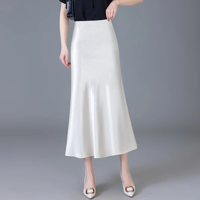 醋酸缎面鱼尾半身裙女2025夏新款高腰显瘦Aa字中长款一步包臀裙子