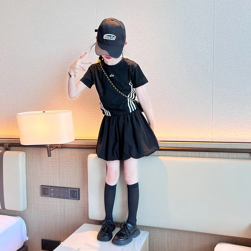 女童夏季套装2025新款中大童夏日印花t恤花苞裙短裙休闲潮酷夏装
