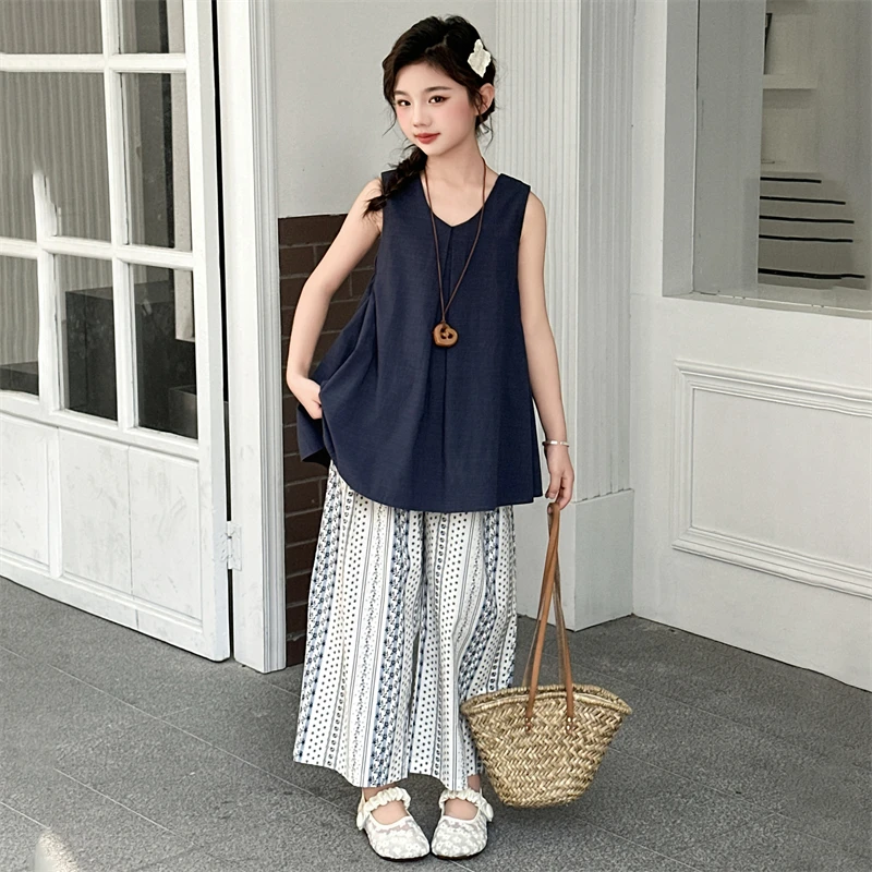 女童夏季无袖套装2025新款女孩大童韩系穿搭儿童阔腿裤休闲两件套