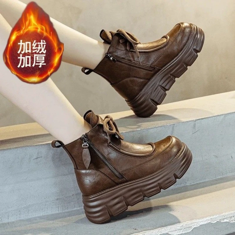 真软皮马丁靴女2025秋冬新款加绒保暖防寒高帮棉鞋增高厚底英伦