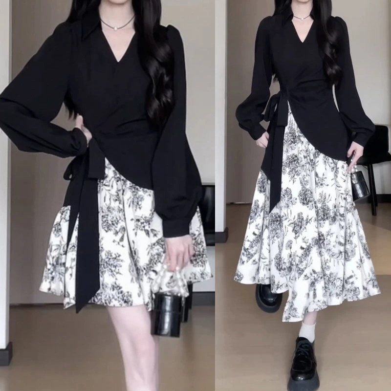 设计感不规则拼接水墨碎花连衣裙女秋季小个子假两件收腰V领长裙