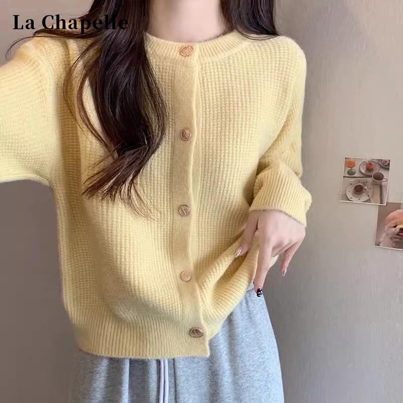 拉夏贝尔黄色圆领针织外套女春秋新款韩版小香风温柔气质毛衣开衫