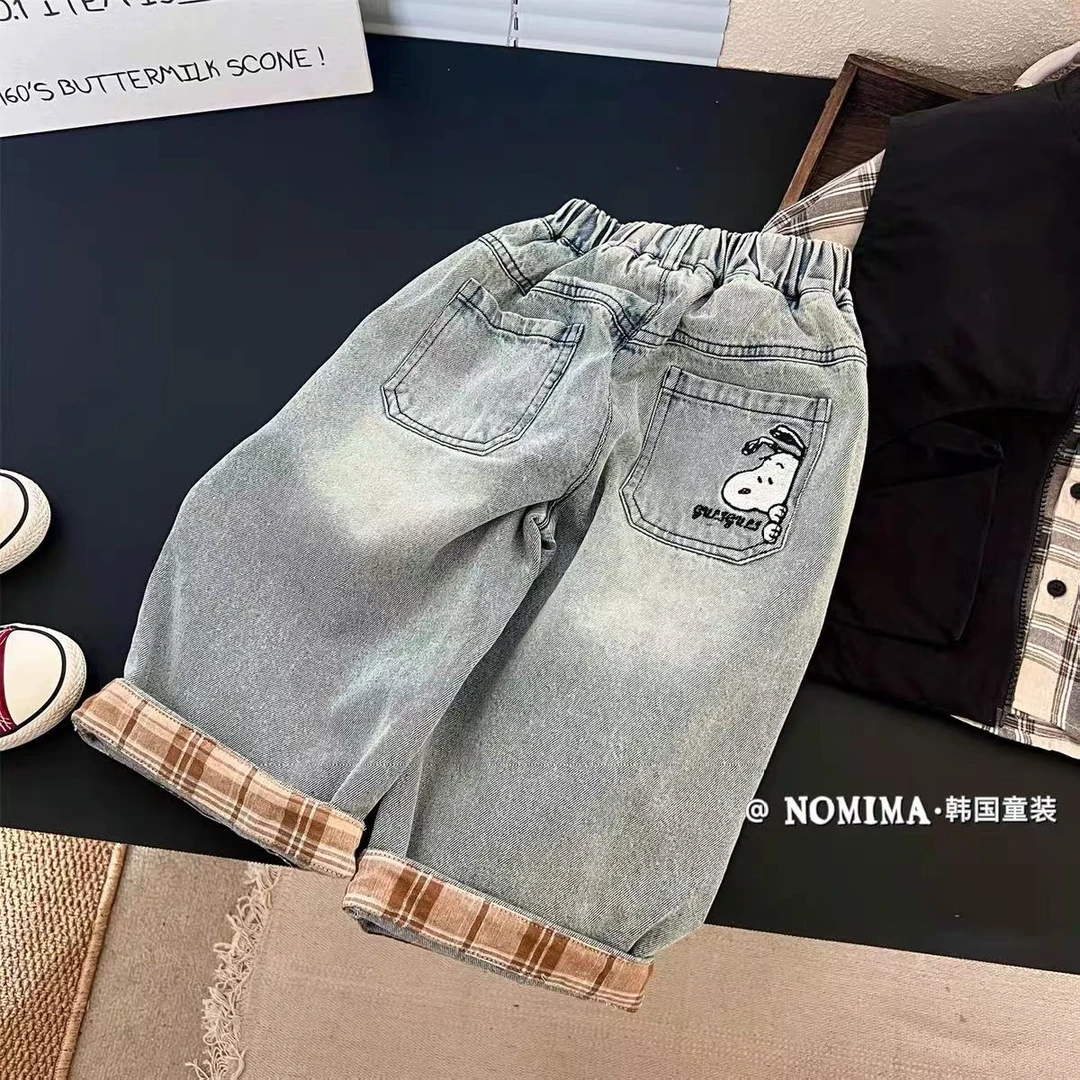儿童牛仔裤2025新款秋季男童洋气格子翻边直筒裤中小童休闲阔腿裤