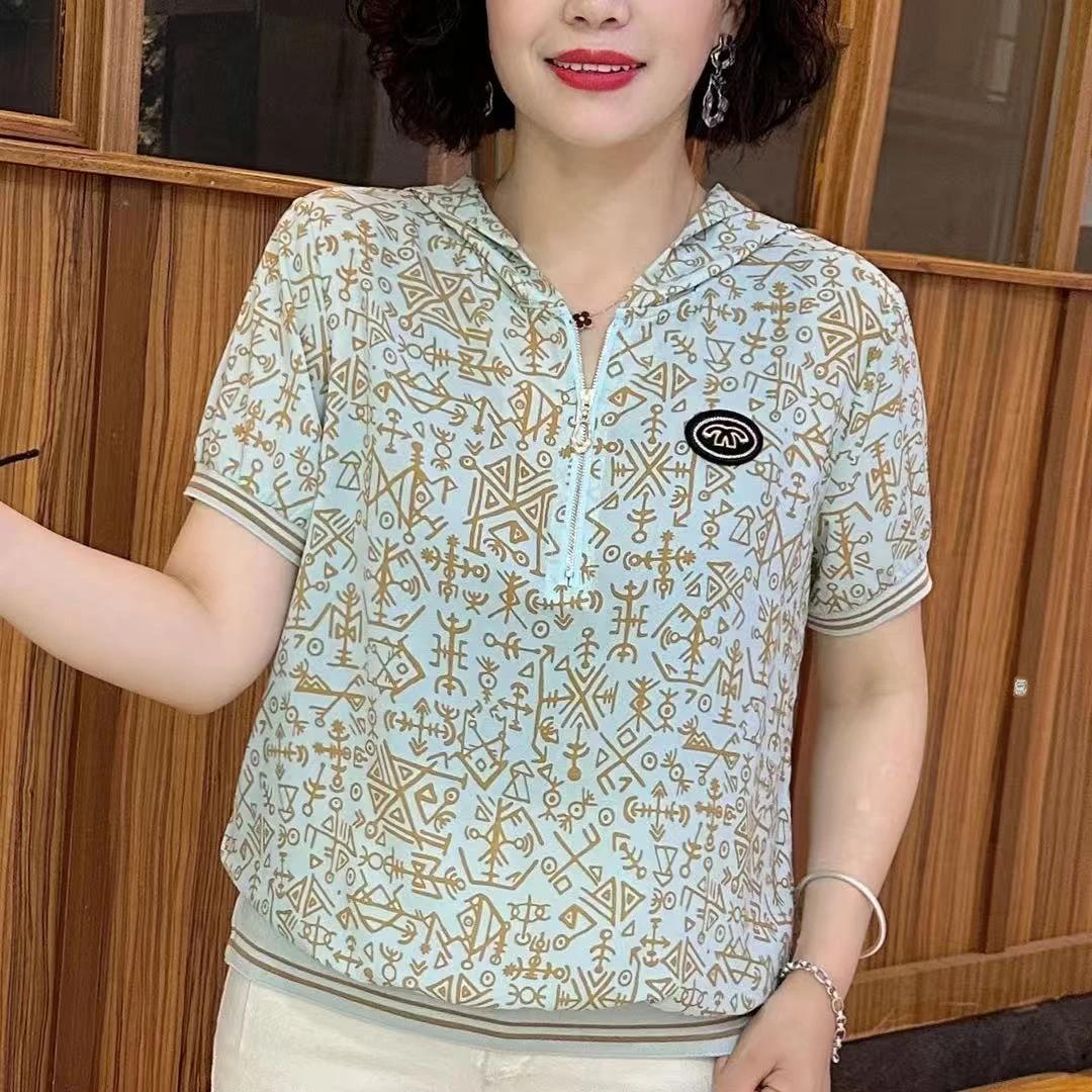 2025中老年时尚提花短袖夏季薄款小衫女装新款连帽宽松T恤衫百搭