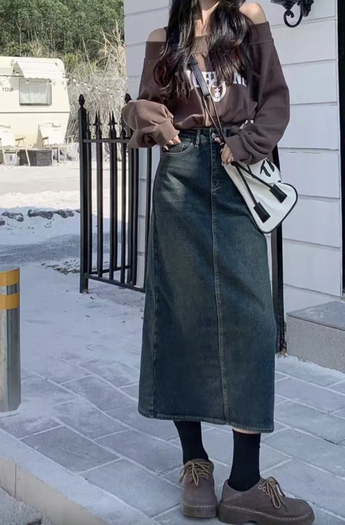 牛仔半身裙复古开叉