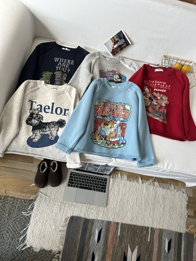 韩版炒色水洗春秋卫衣男女童毛边插肩袖亲子百搭 2025850