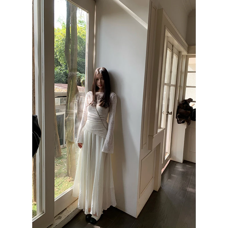 王少女的店 【现】白杏色早春季修身提花圆领长袖针织衫 Z29850S51