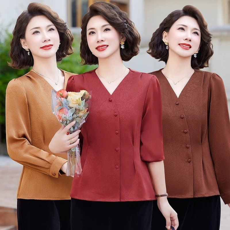 中年女遮肚子长袖衬衫春秋季妈妈装显瘦收腰高级感V领打底衫上衣