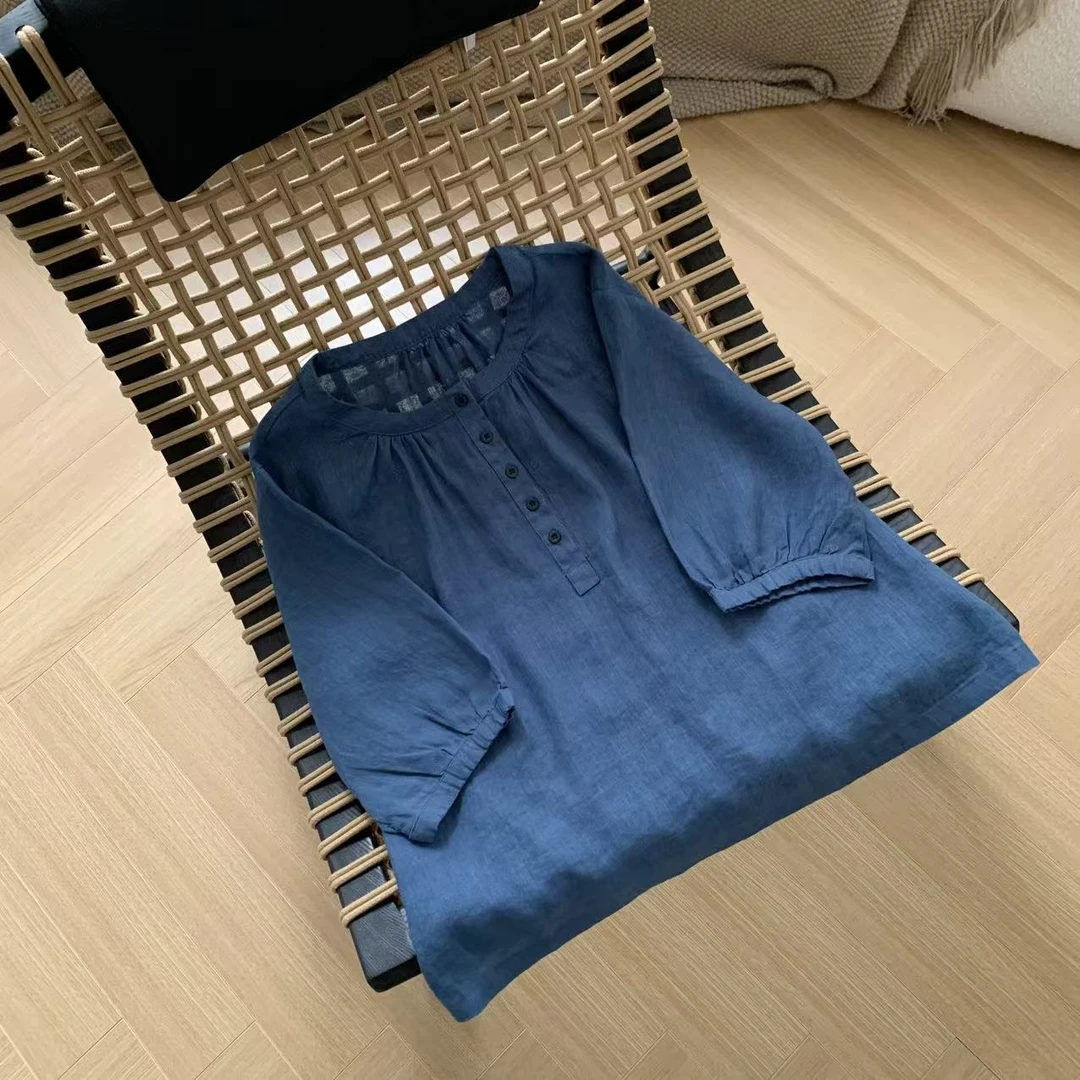 素心轻奢 2025夏季新款纯亚麻文艺短袖衬衫半开门襟气质上衣13333