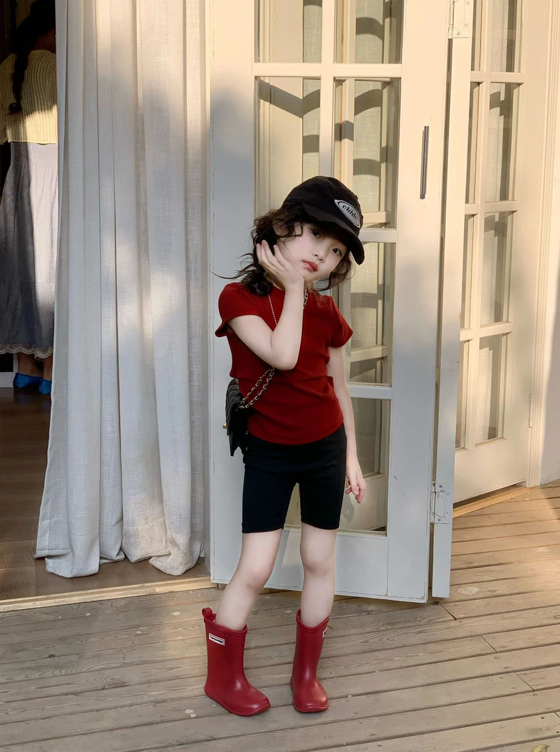 2025夏季新款女童韩系枣红色洋气露背短袖女宝宝百搭休闲短裤套装