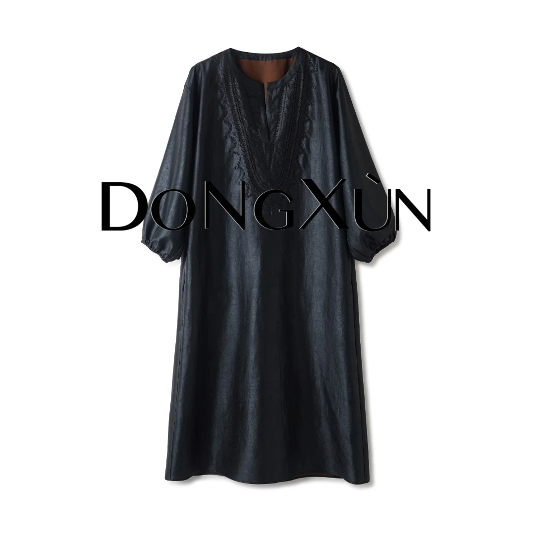 【菩提子】桑蚕丝香云纱满分真丝素平缎V领中袖长裙DX25AQ015