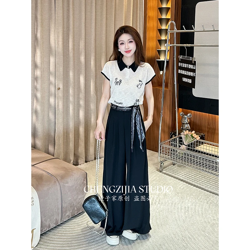 【裴诗婷】橙子·studio【】TX00208撞色POLO领卡通图案上衣