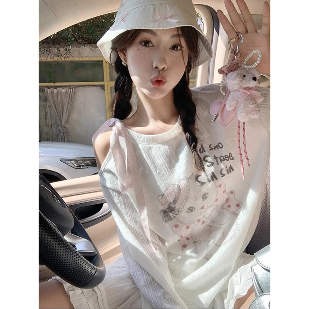 韩系宽松白色露肩猫咪T恤女印花长袖罩衫上衣薄款百搭设计感显瘦
