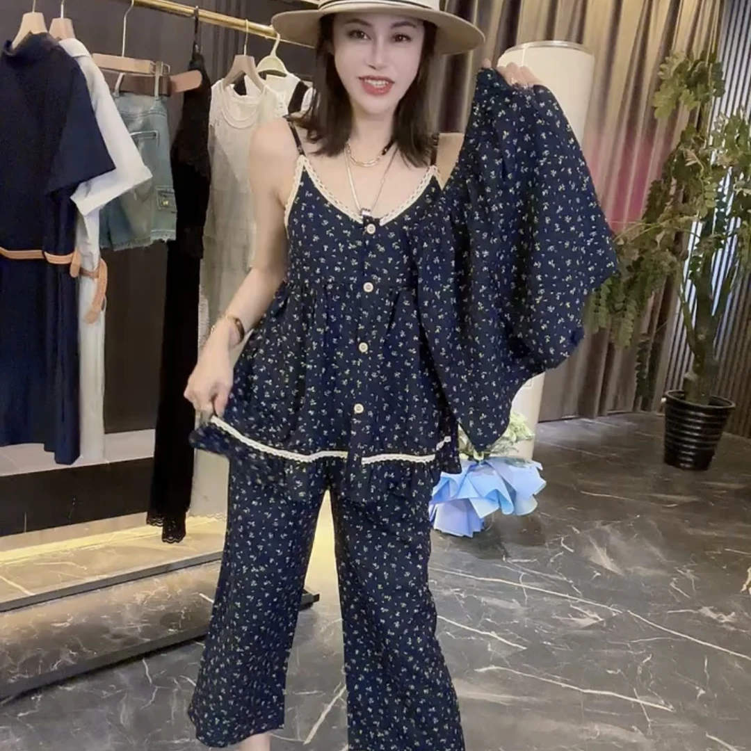 2025新款睡衣女吊带背心三件套爆款纯欲风可外穿家居服