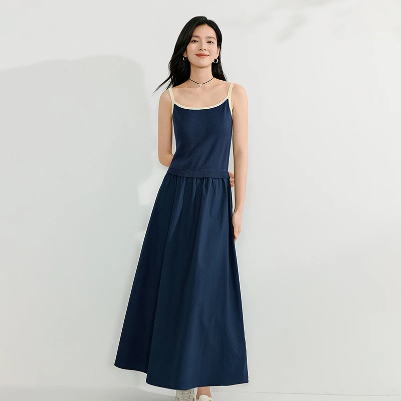 【双12提前购】茵曼简约拼接无袖吊带连衣裙2025夏季显瘦a字收腰长