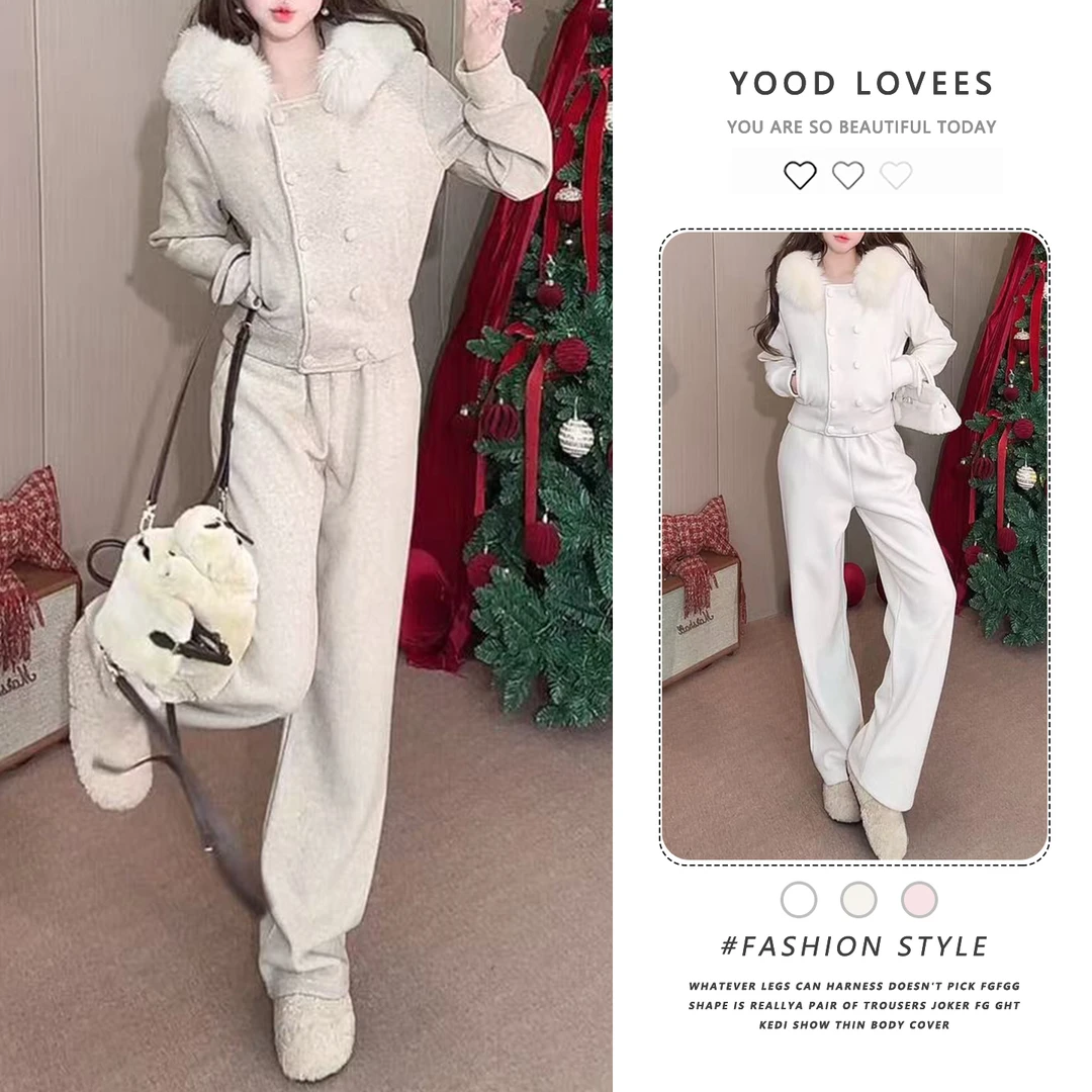 慵懒风休闲松弛感纯色套装女2025冬季新款减龄连帽毛领开衫长裤潮