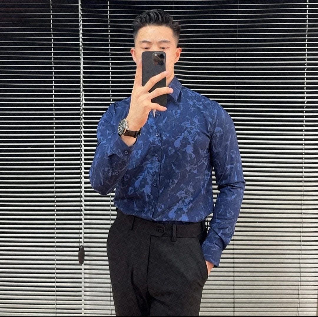 秋季新品痞帅花衬衫男士休闲个性帅气衬衣男装秋装时尚长袖衬衫男