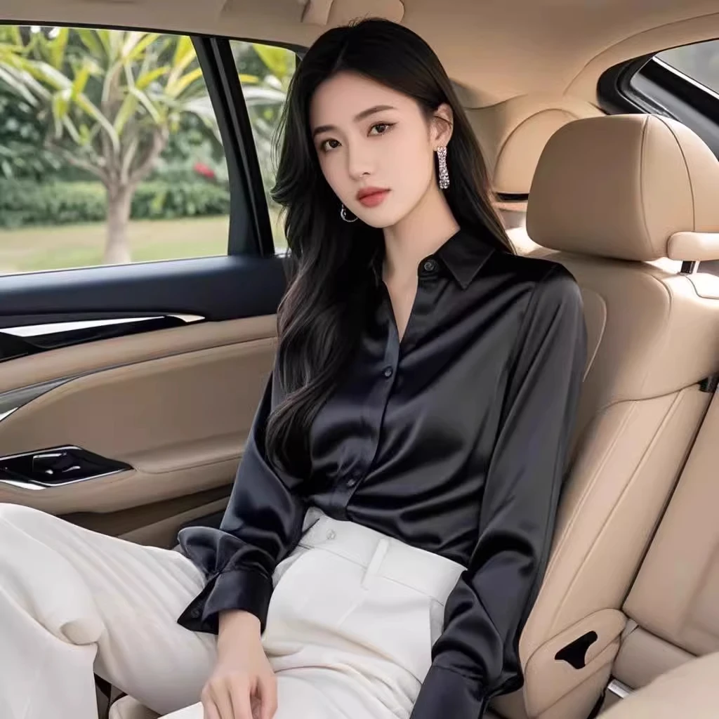 2025年春新款黑色衬衫设计感时尚职业缎面衬衣女小个子高品质上衣