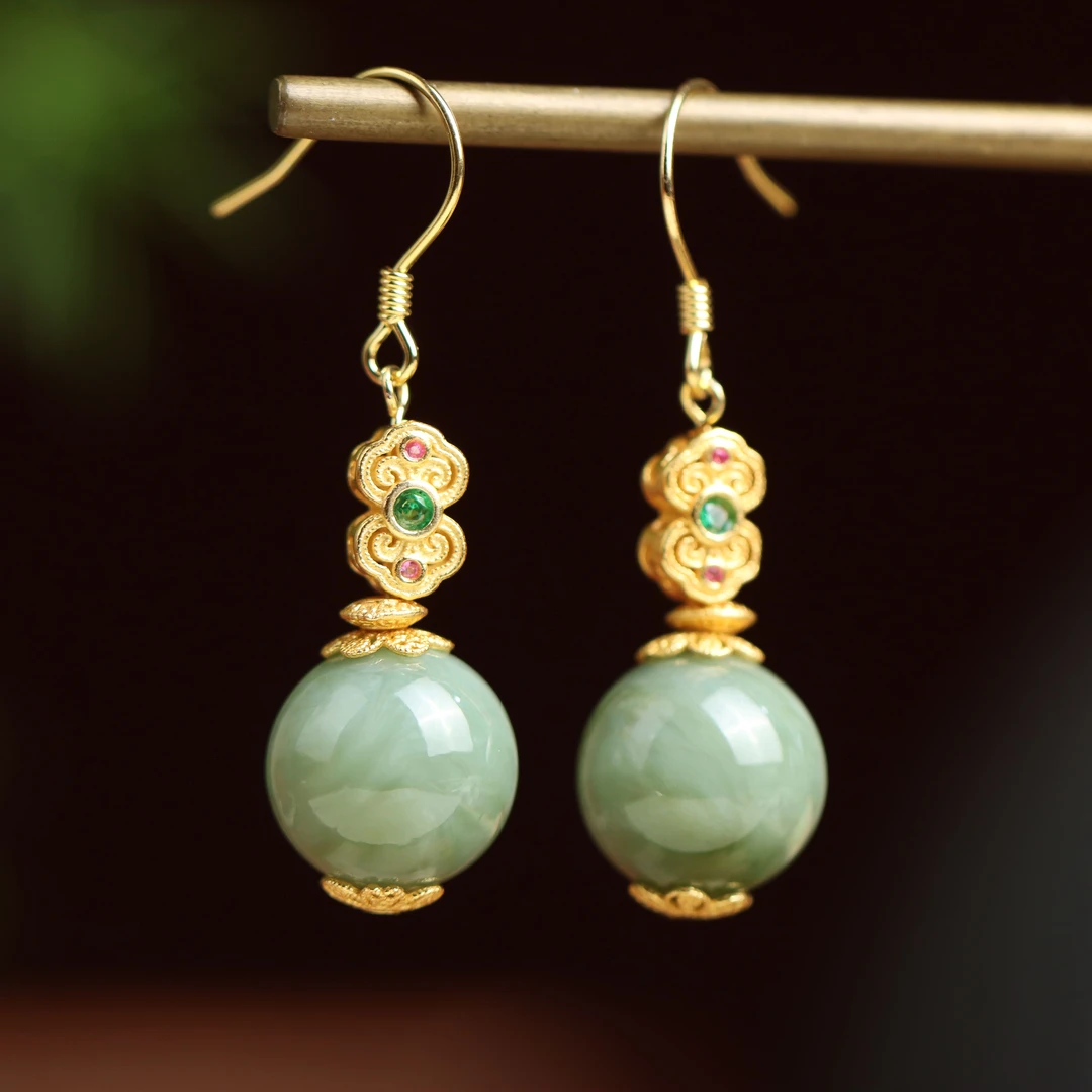 S925银镀金镶嵌和田碧玉圆珠宫廷风民族风DIY女款耳坠